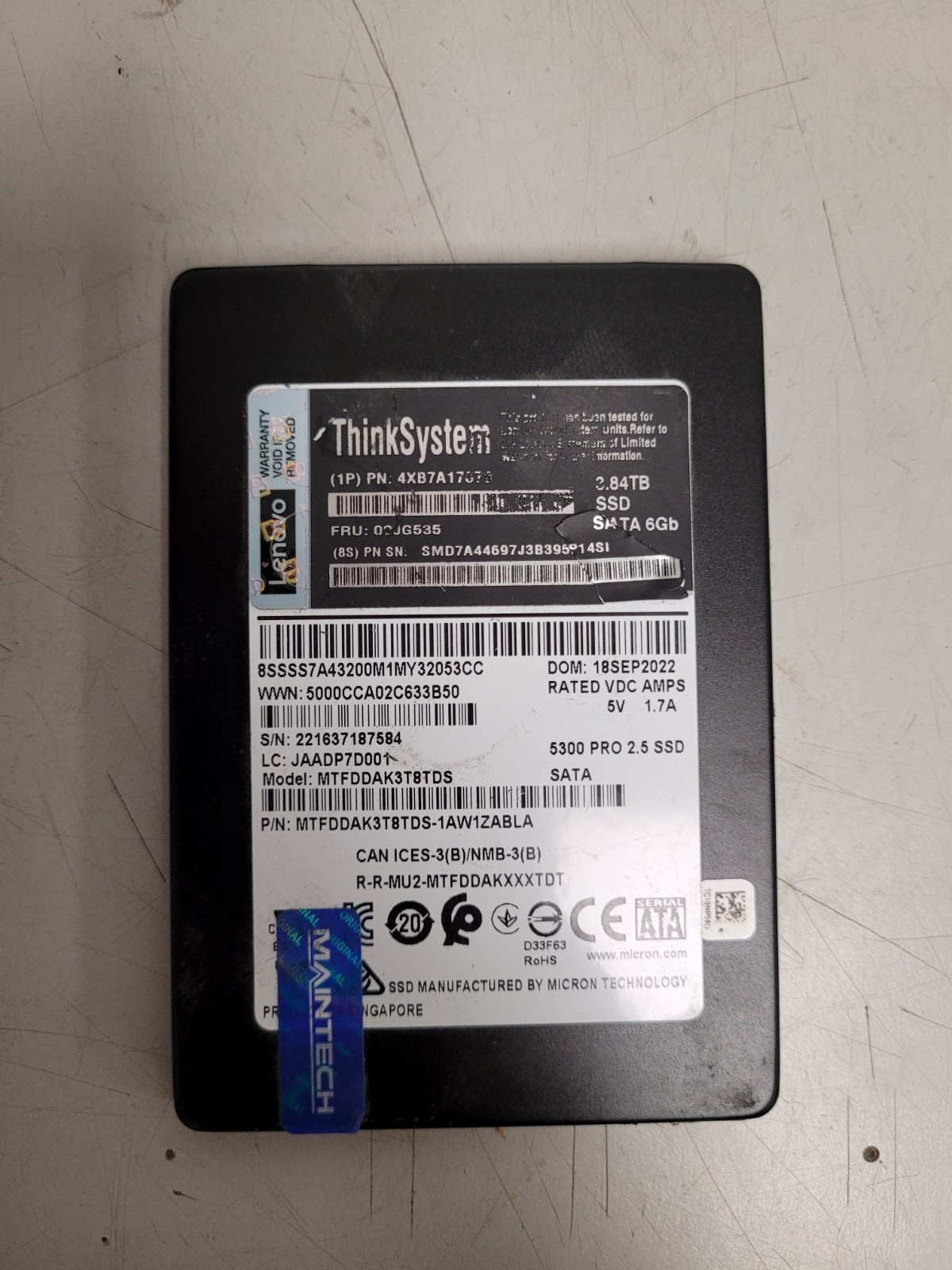 Micron/Lenovo ThinkSystem 3.84TB SSD 2.5" SSD used tested 221637187584