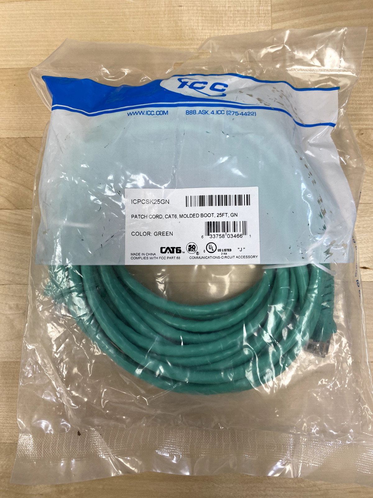 ICC Cat6 Patch Cable, 25 ft, Molded Boot, Green, Unopened, New ICPCSK25GN
