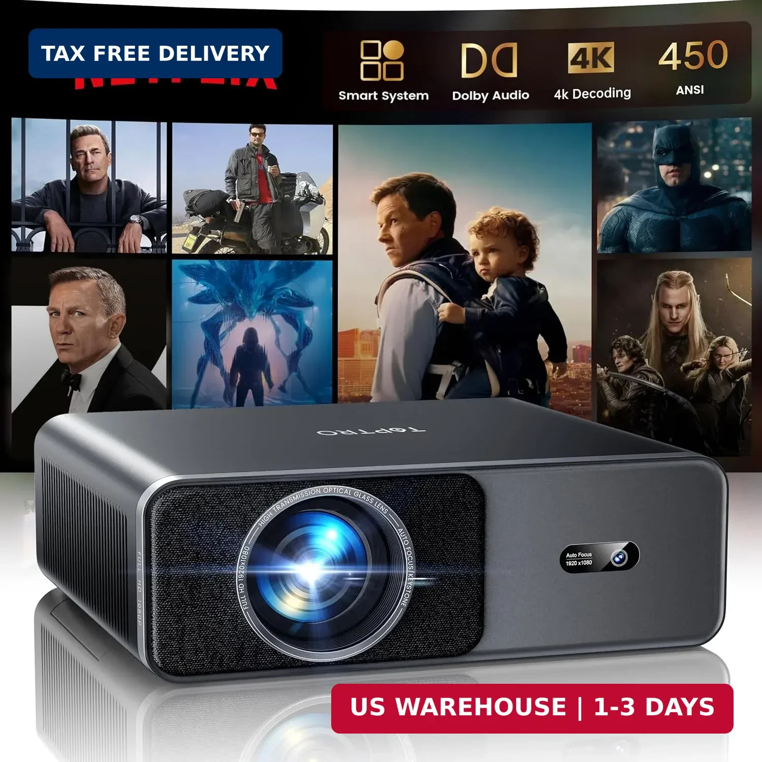 Smart Projector[Compatible with Netflix]4K Projector with WiFi 6 and 2-Way Bluet