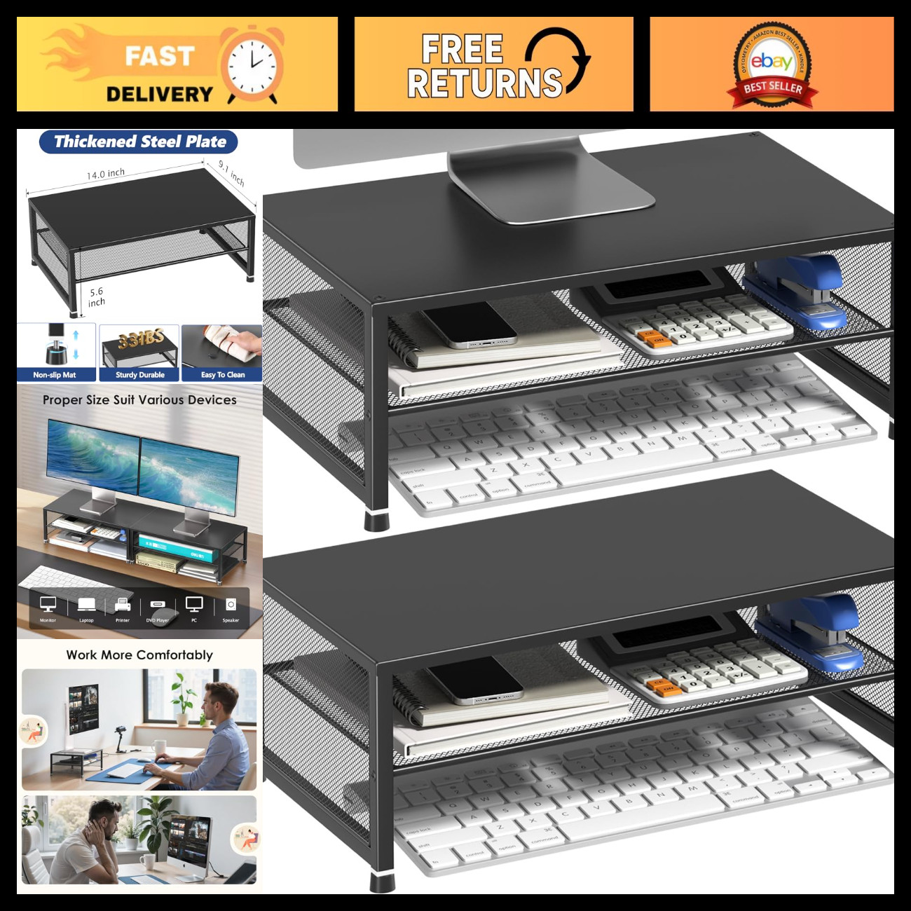 2-Tier Monitor Stand Riser & Laptop Holder, Office Desk Organizer, Black 2-Pack