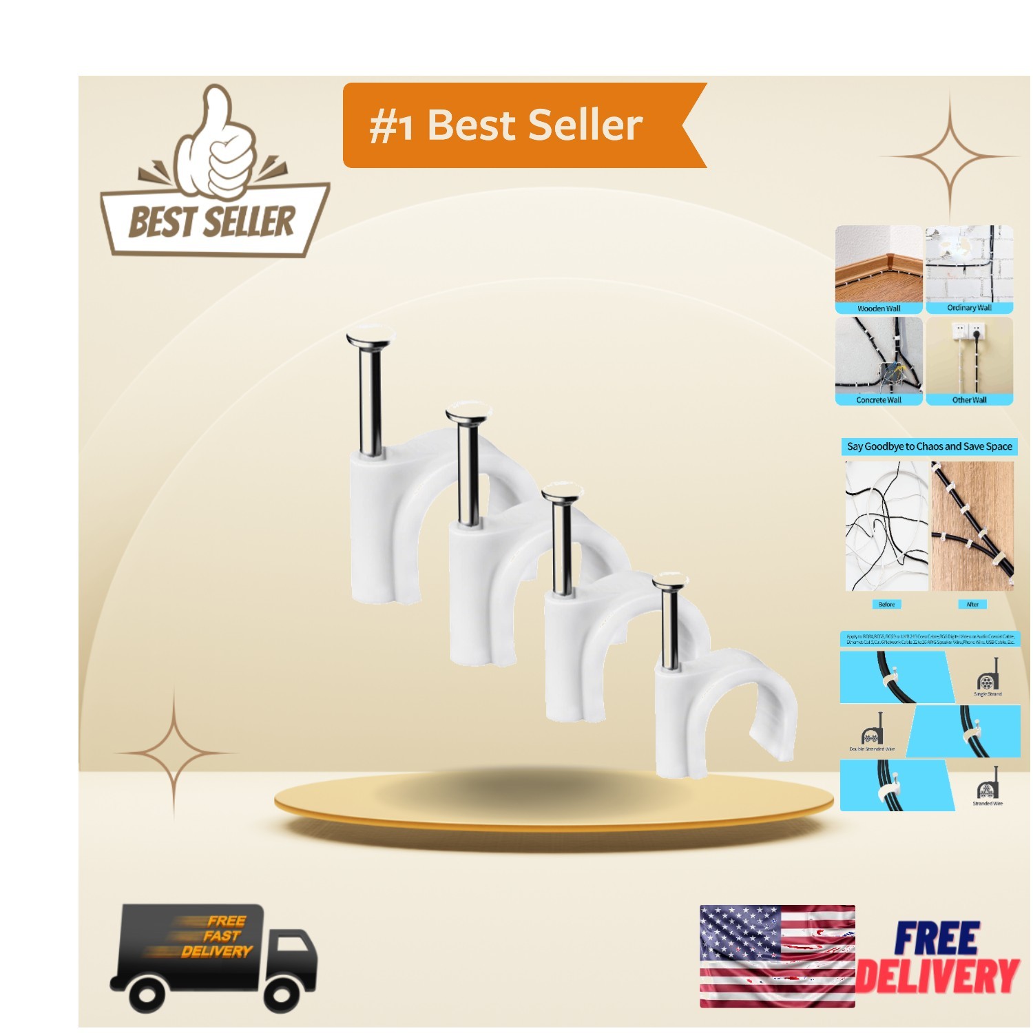 Durable White Cable Clips: 400 Pack with Steel Nails for Indoor/Outdoor Use