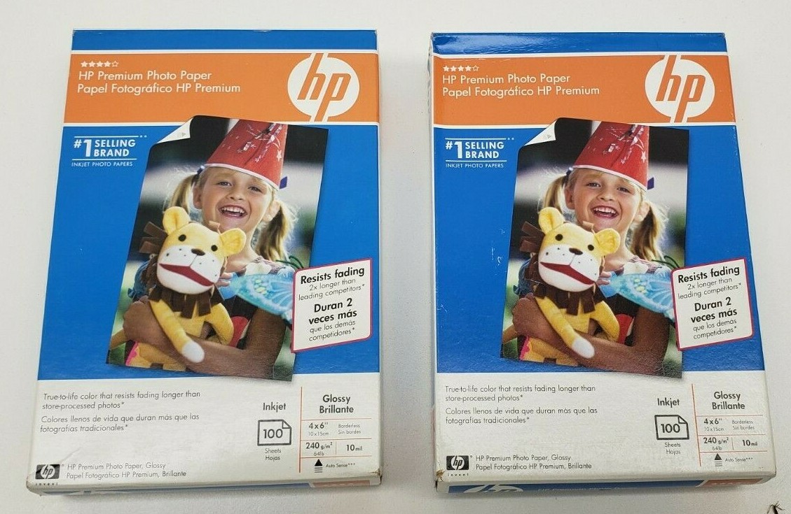 (2) HP Premium Photo Paper Glossy  4" x 6" 100 Sheets 10mil 64lb New
