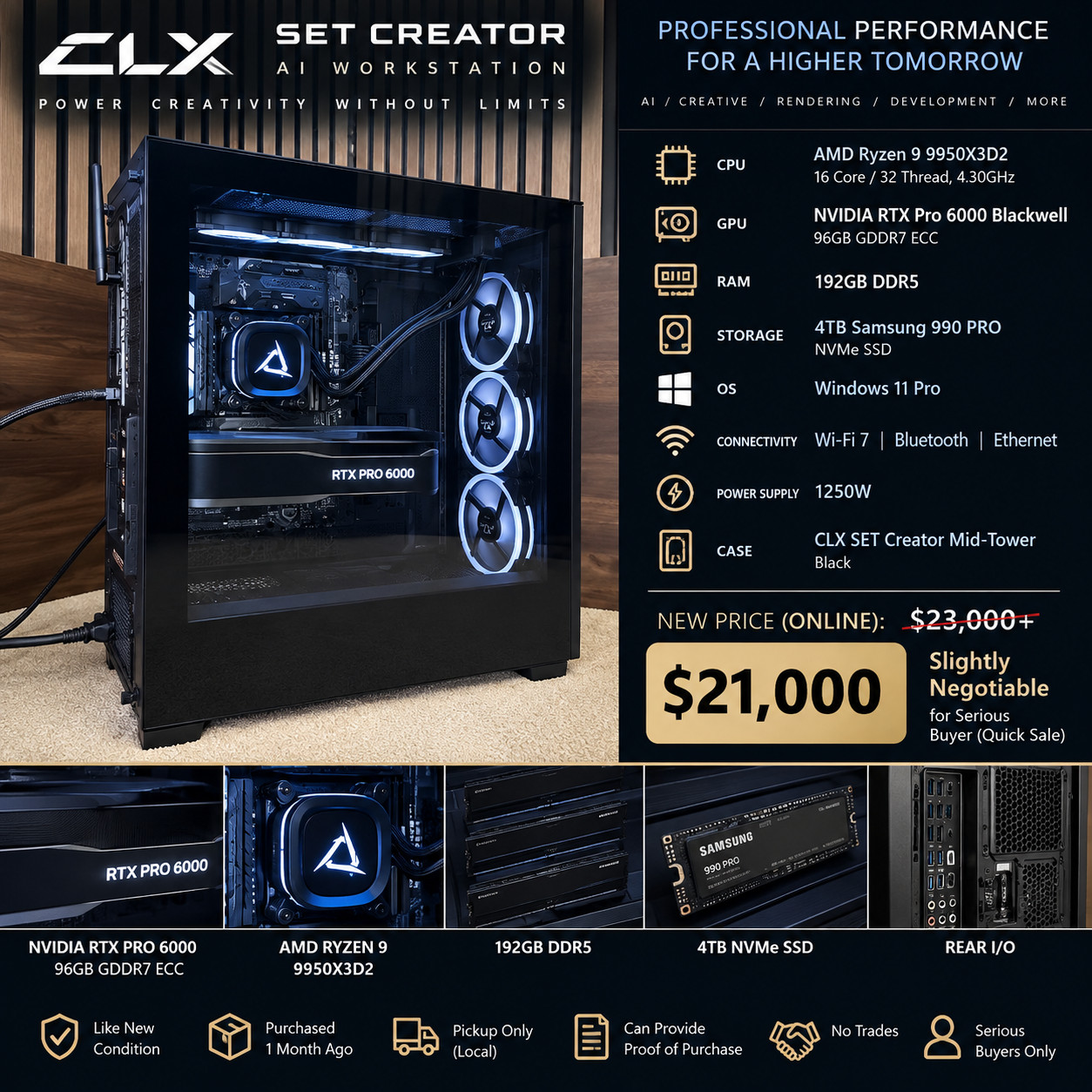 CLX SET Creator AI Workstation – RTX Pro 6000 96GB, 192GB RAM, 9950X3D2