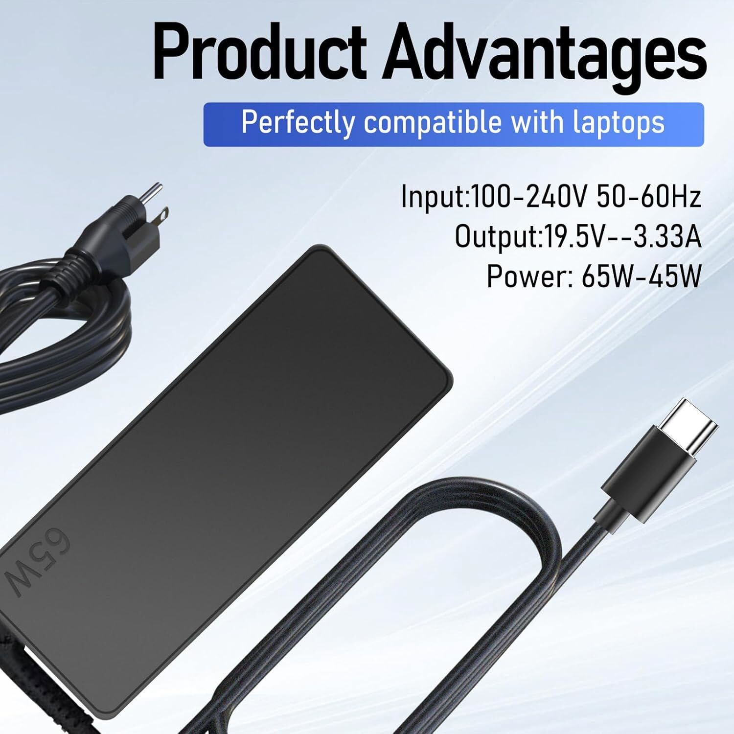 65W Universal Laptop Charger for HP EliteBook & ProBook 4.5mm*3.0mm / USB-C