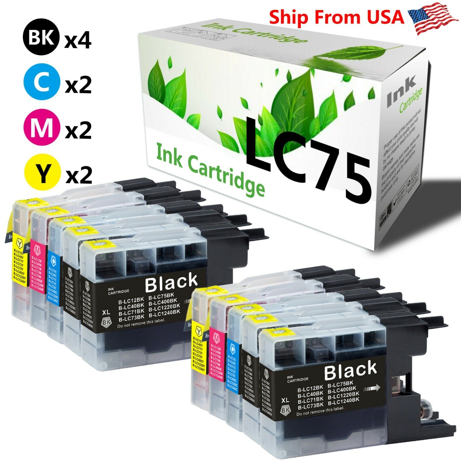 10PK LC75 LC75XL LC-75 Ink Cartridge for MFC-J6710DW MFC-J625DW Inkjet Printer