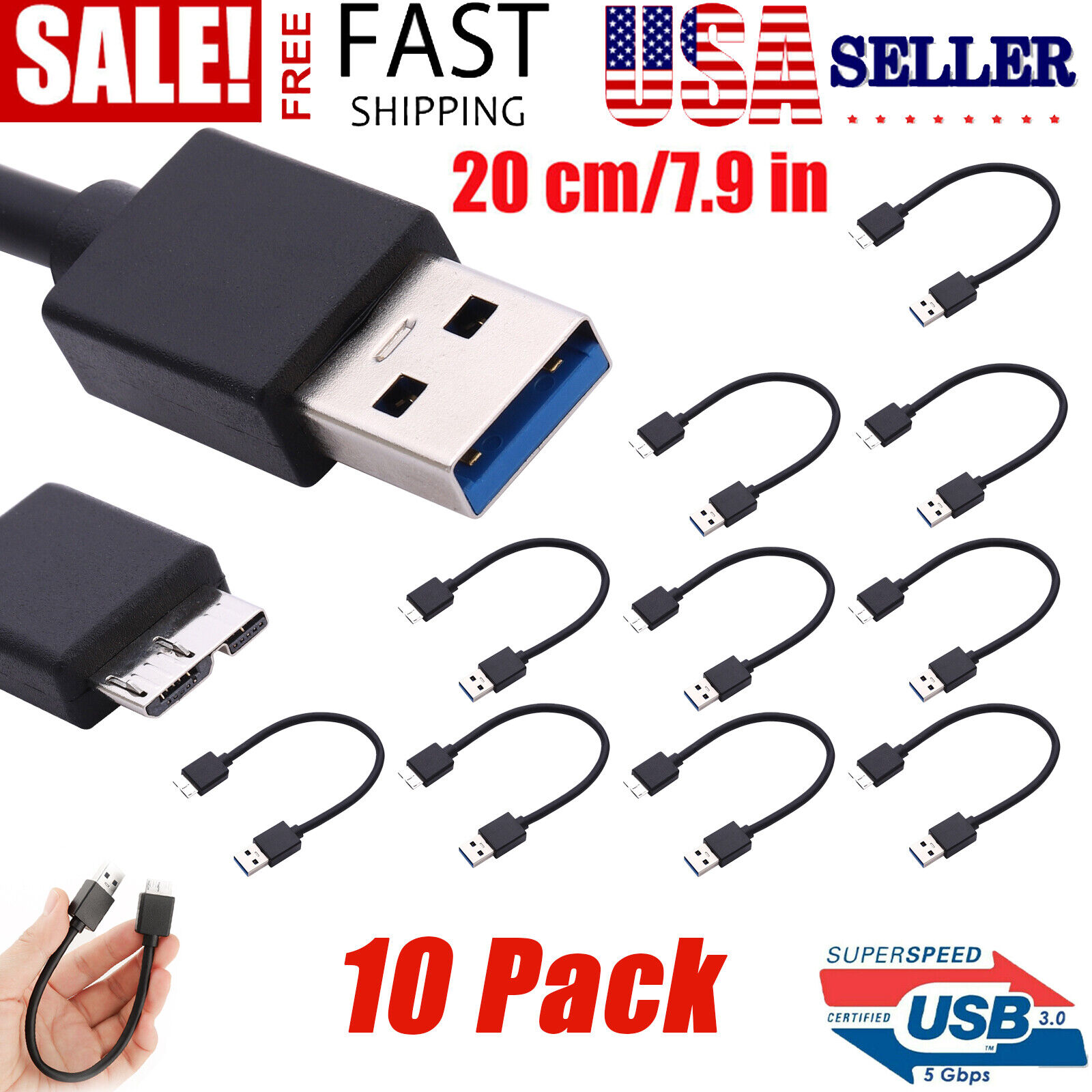10 X Micro Usb 3.0 To Micro B Male Cable for Seagate Hard Drive Disk High Speed