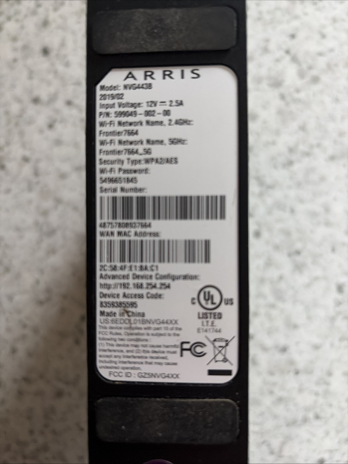 ARRIS NVG443B Frontier Ethernet Wi-fi Modem Router -Lightly Used Tested
