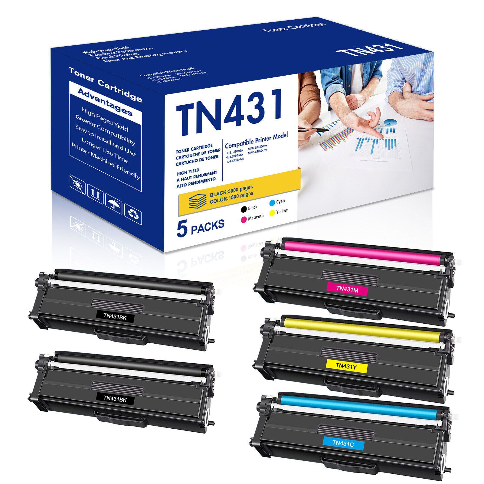 5 Pack TN431 TN433 Toner Cartridge Set for Brother HL-L8260CDW MFC-L8900CDW