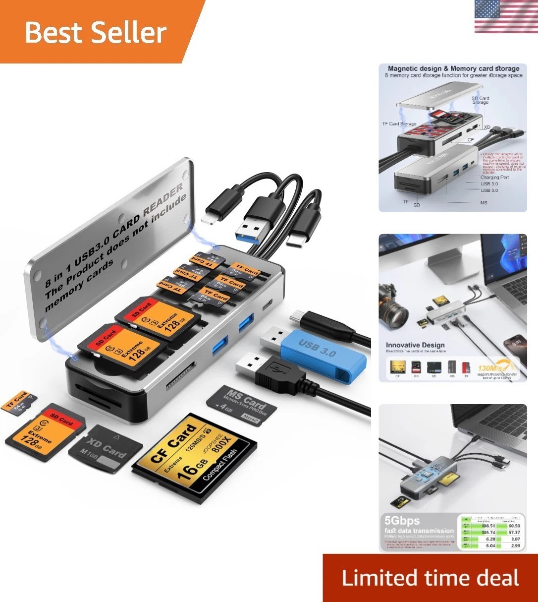 Compact 8-in-1 USB Card Reader for Phones, Pads, PC & Laptops - Easy Data Access