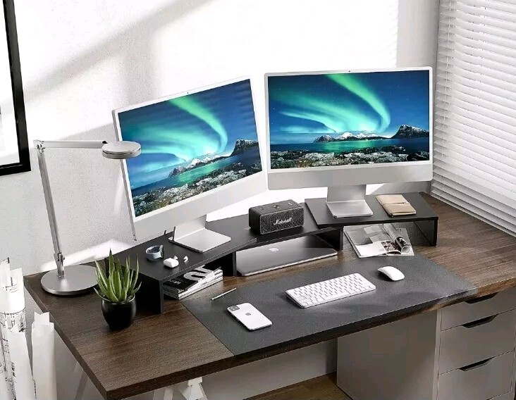 Fitueyes Medium Black 3 Shelf Wood Dual Monitor Computer Desktop Stand