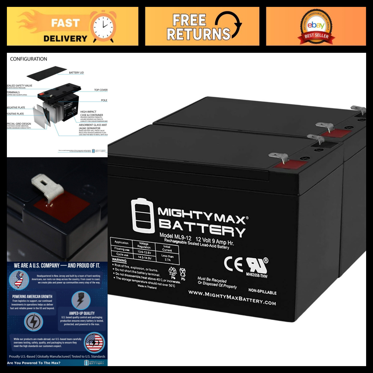 12V 9AH Rechargeable Battery for APC Back-UPS Pro 1500 - 2 Pack, UPS Backup Powe