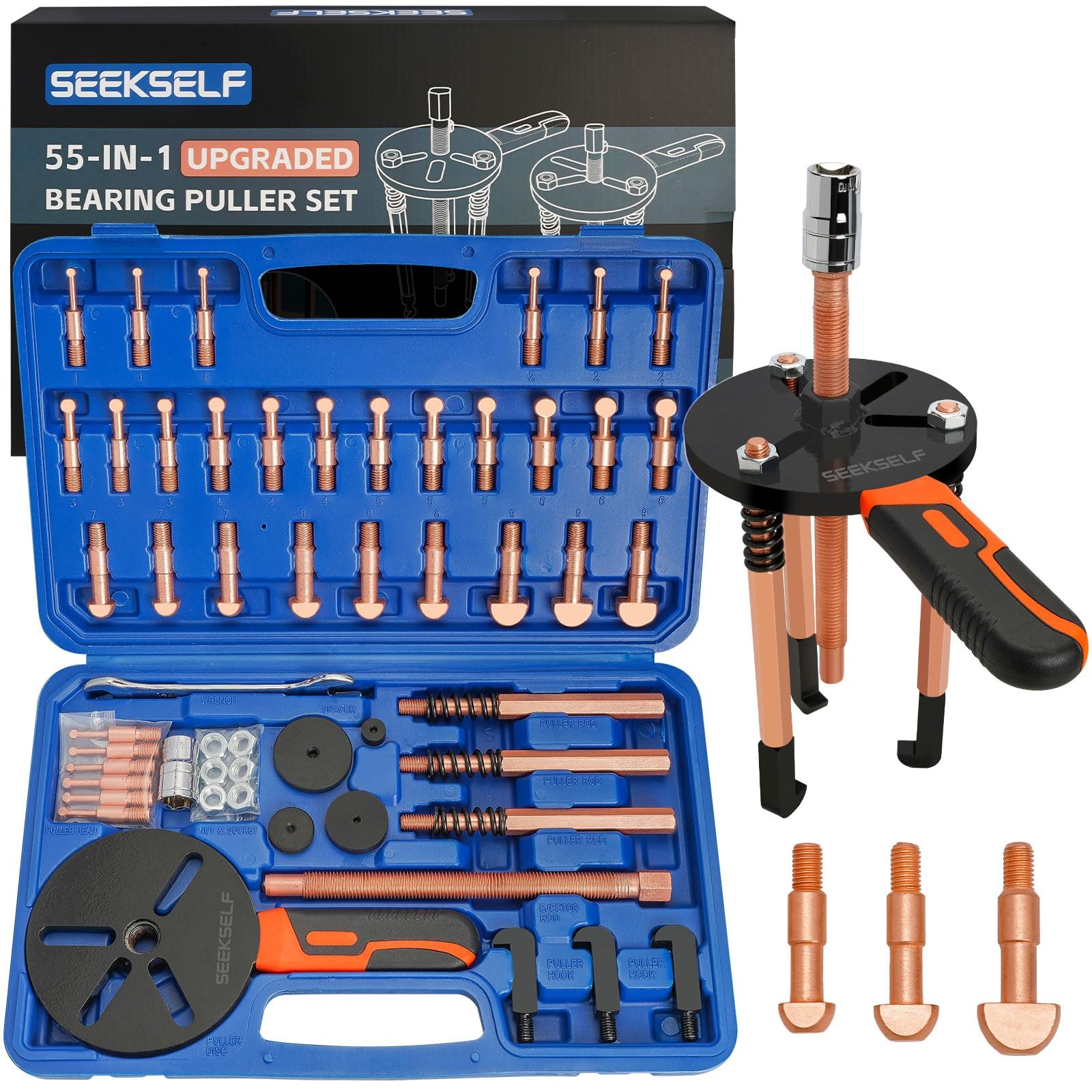 55-in-1 Bearing Puller Kit Blind Hole Inner Outer Gear Splitter 30-95mm Case