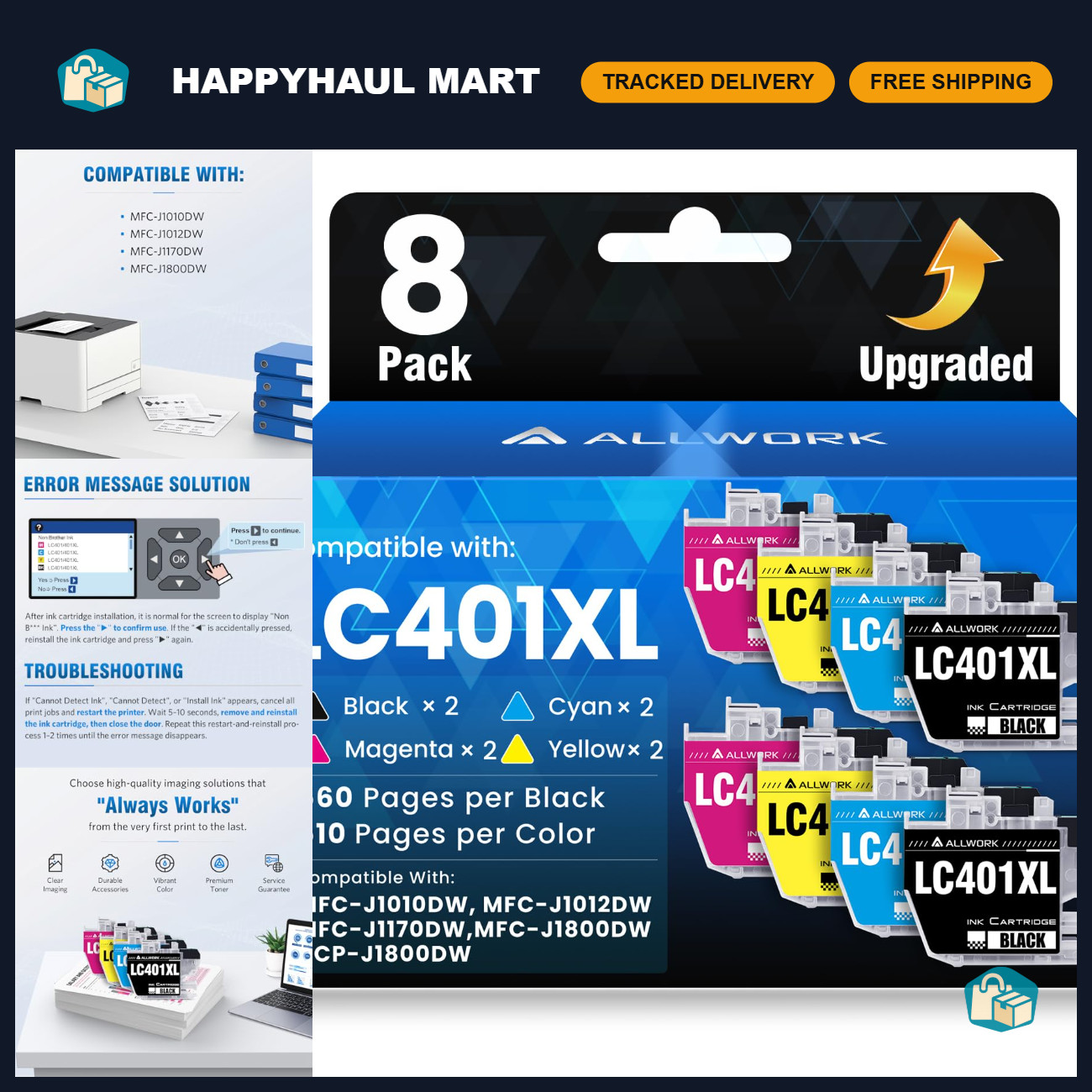 Compatible Ink Cartridges 8-Pack for Brother MFC-J1010DW - High Yield, Quality P