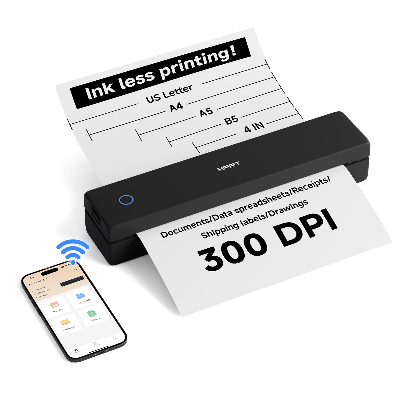 300DPI Portable Thermal Inkless Printer & 10sheets Space Black
