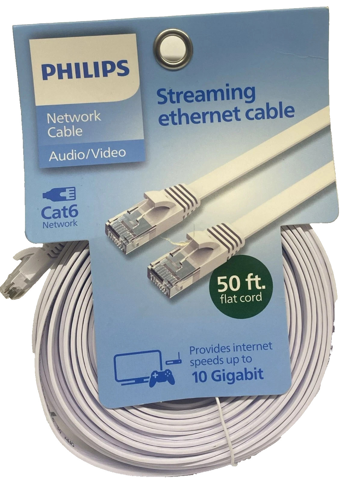 Philips Audio/Video Network Cable Cat6 Flat Streaming Ethernet Cable White, 50ft