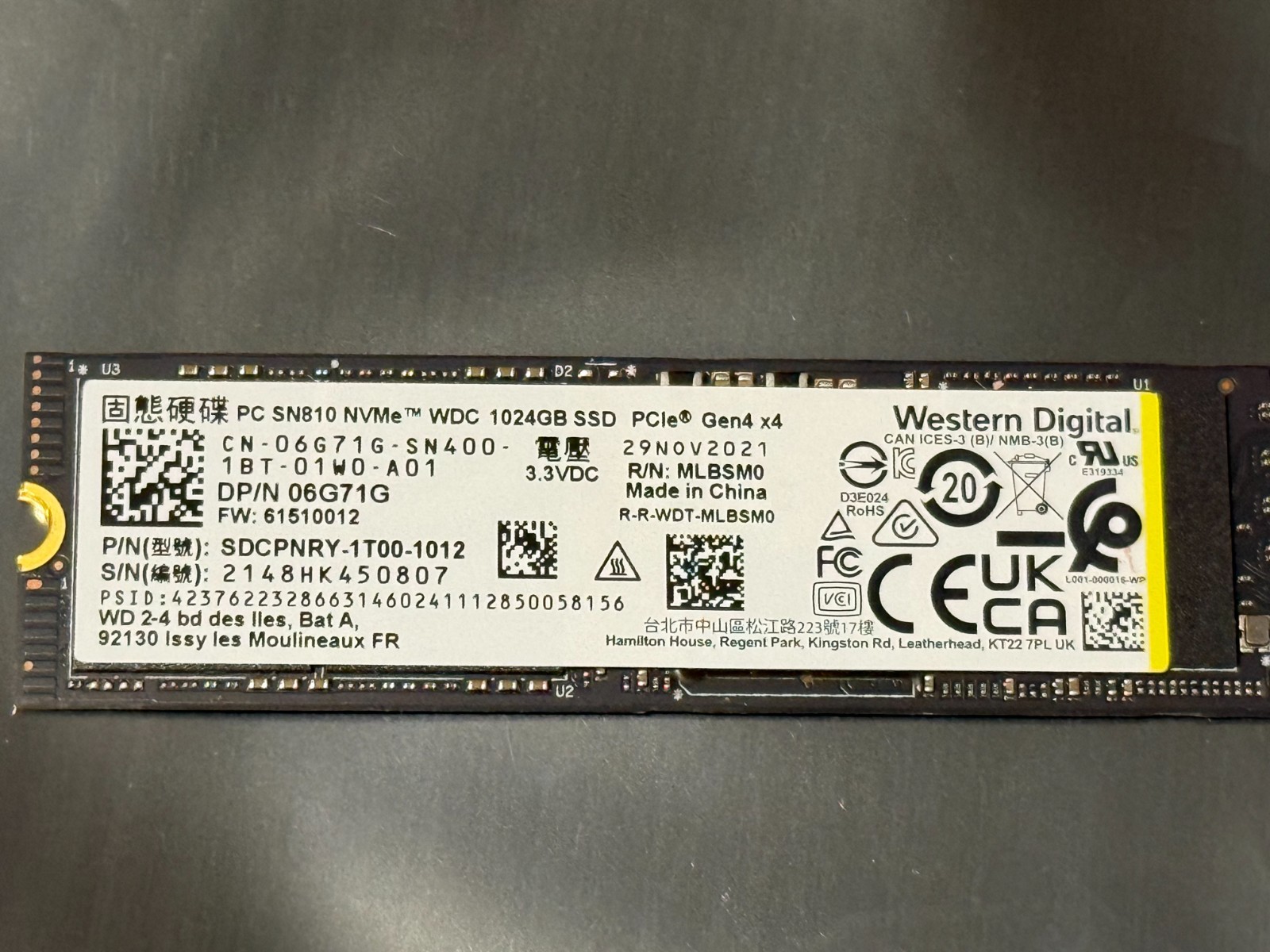 1tb WD PC SN810 NVMe SSD Gen4x4 SDCPNRY-1T00-1012 1TB M.2 2280 Solid State Drive