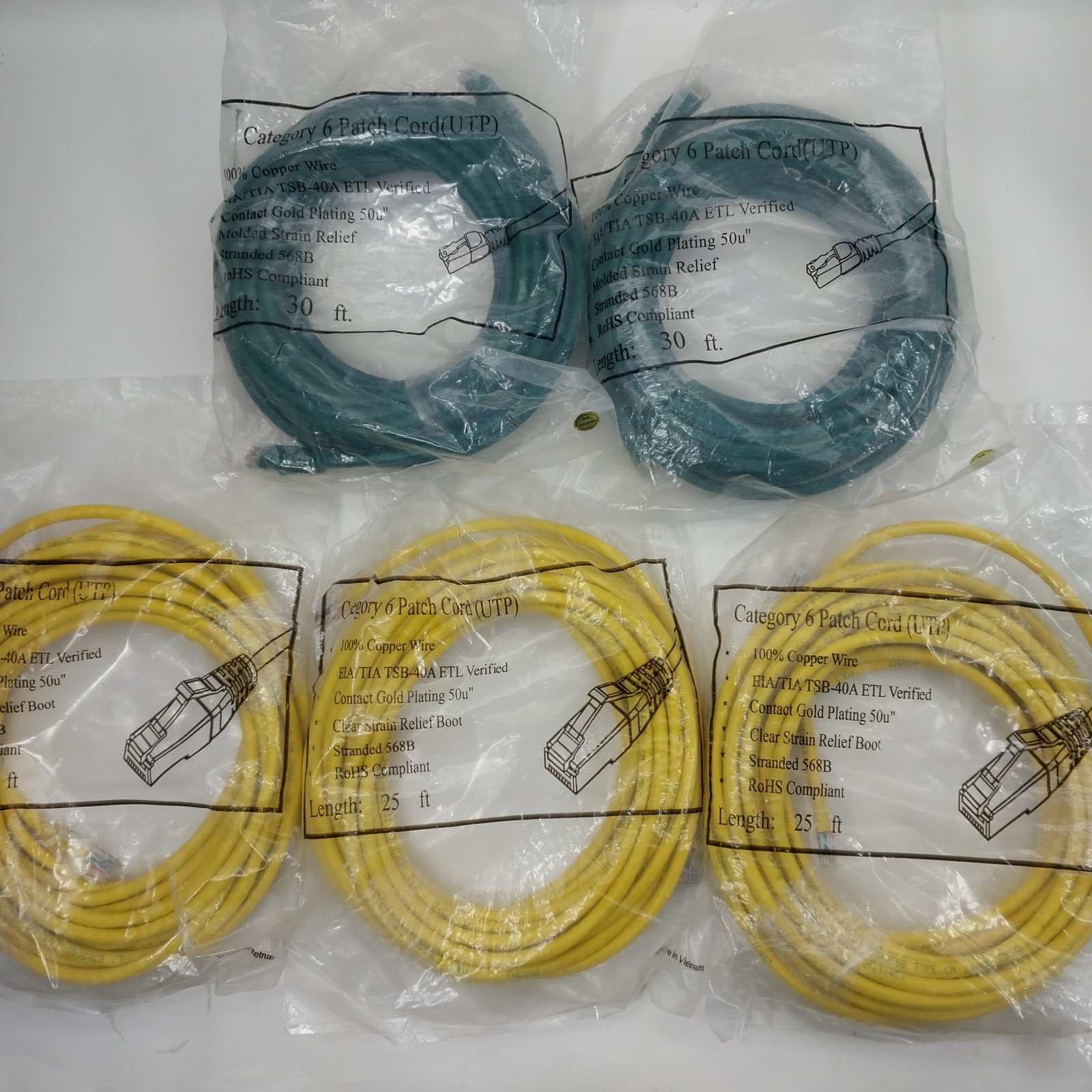 CAT6 Cables - 2x 30ft & 3x 25ft - See Pics - 