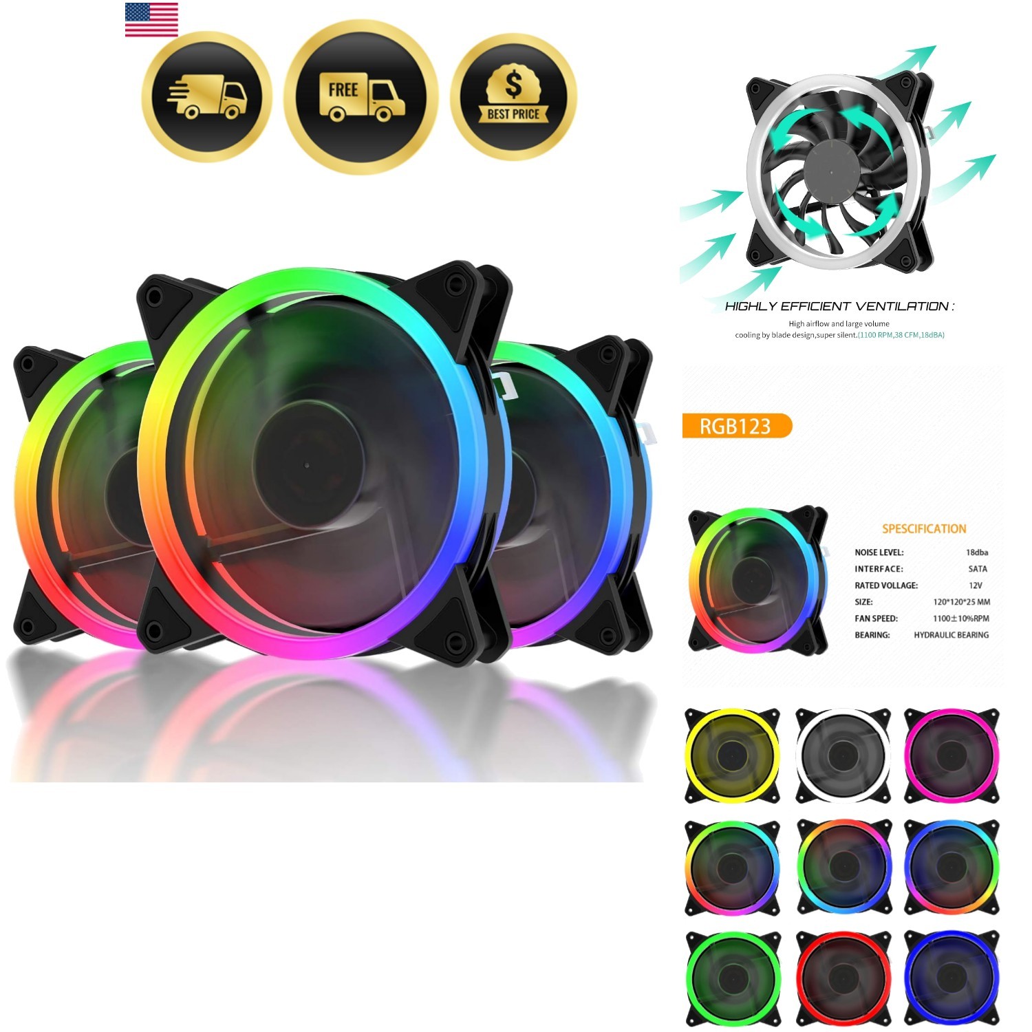 120mm RGB Case Fan High Airflow Quiet LED PC Fan 3 Pack