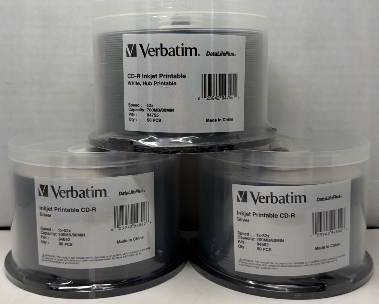 3 Packs Verbatim CD-R 700MB 52X DataLifePlus 80Min Inkjet Hub Printable 50pk