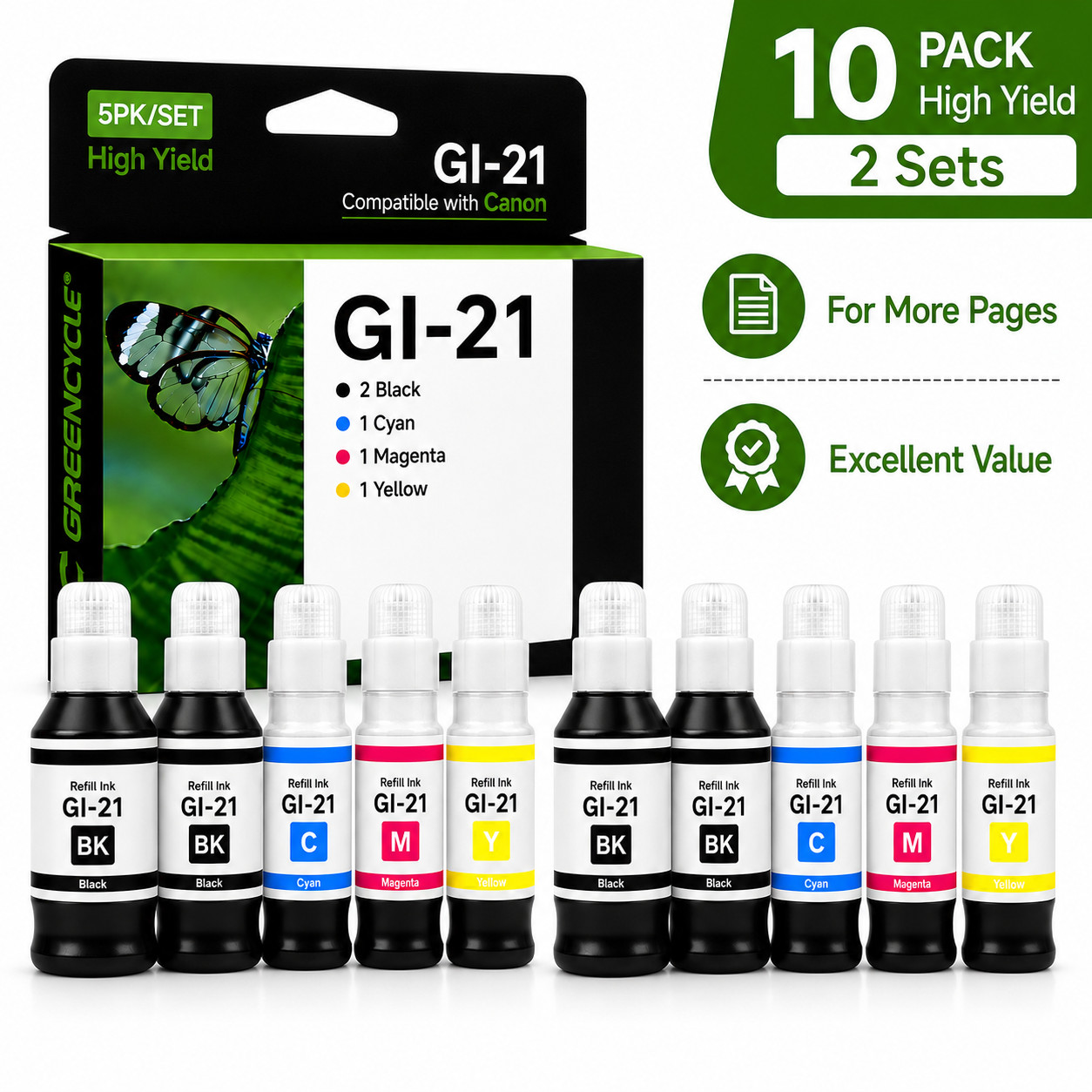 GREENCYCLE GI21 10PK High Yield Ink Bottles for Canon PIXMA G3270 G4270 G2260