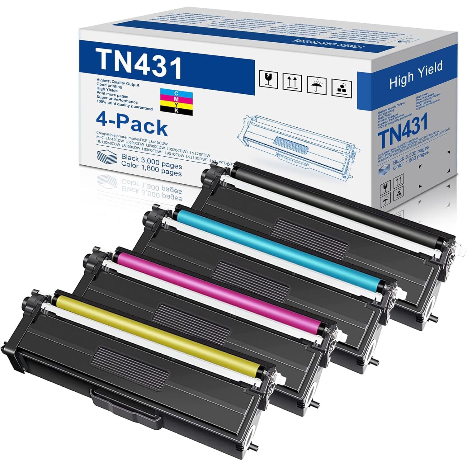 TN431 Toner Cartridge 4 Pack Compatible Black Cyan Yellow Magenta High Yield
