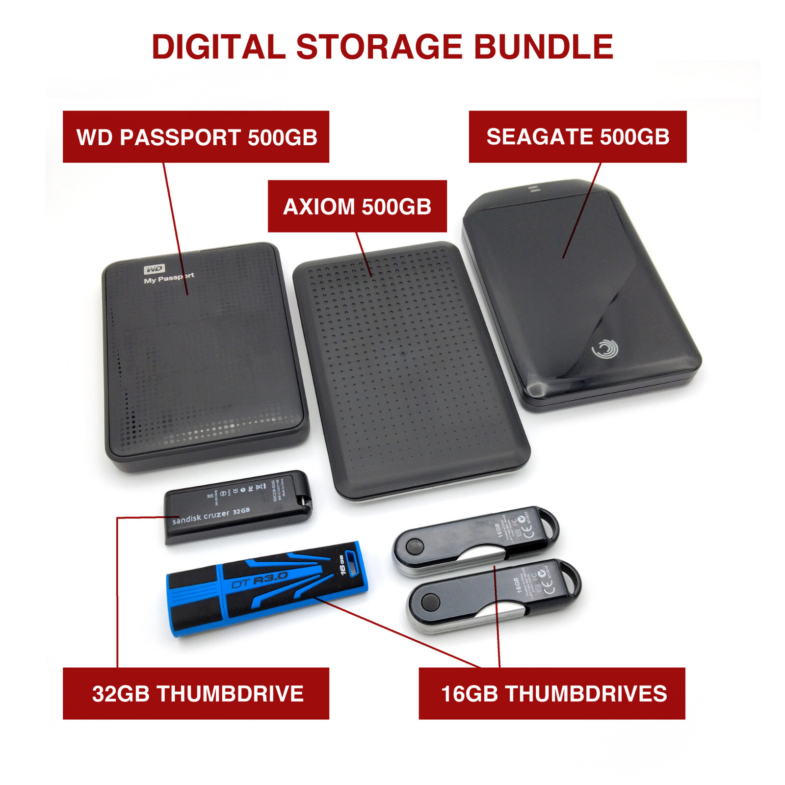 Digital Storage Bundle: Three 500GB Drives, One 32GB Drive, Two 16GB Thumbdrives