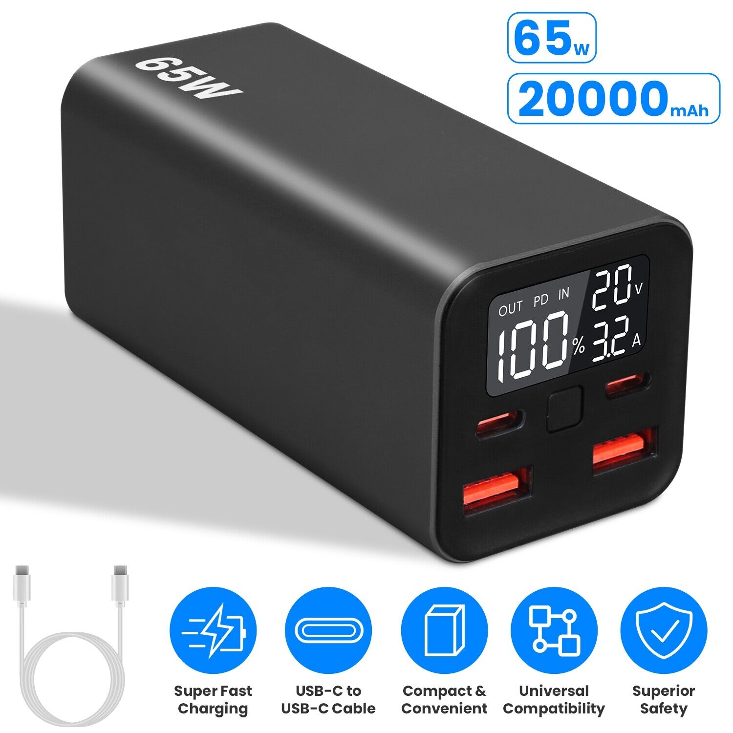 20000mah Laptop Power Bank 65W USB-C PD Fast Charging Portable Type-C Charger
