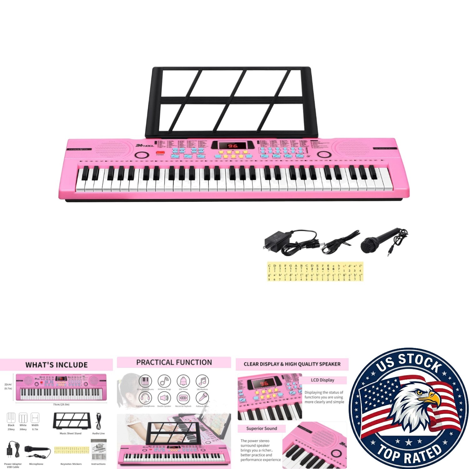 Kids 61-Key Electronic Keyboard with USB, Speaker & Accessories - Pink Charm