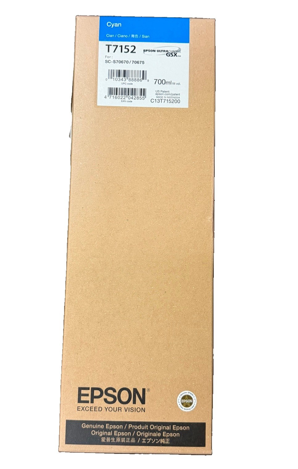 2024 GENUINE EPSON T7152 CYAN INK SURECOLOR SC-S70670 SC-S70675 700ml SEALED