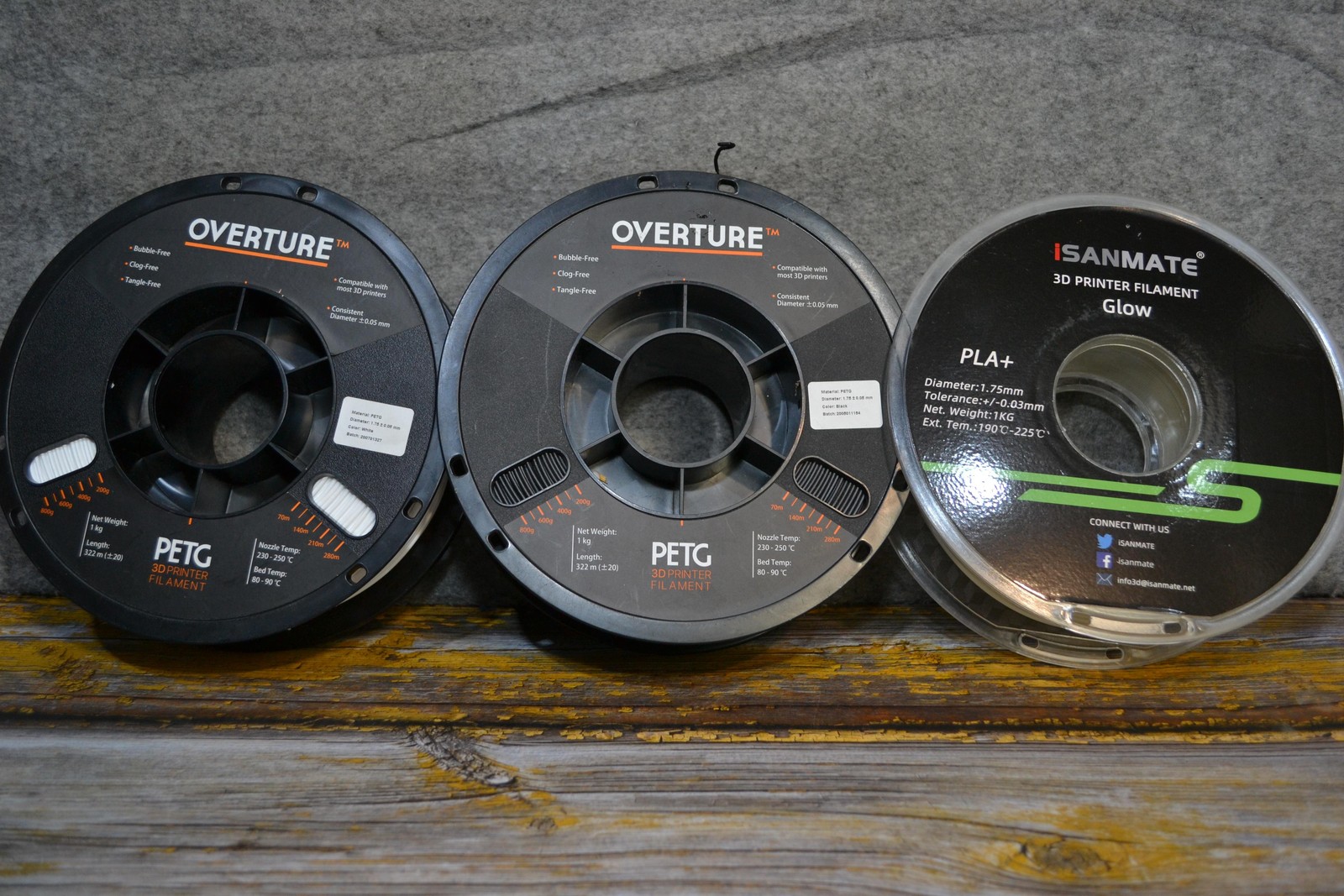 Overture 3D Printer Filament 1.75mm 1kg PETG Spools Lot 3 Black White Glow PLA+