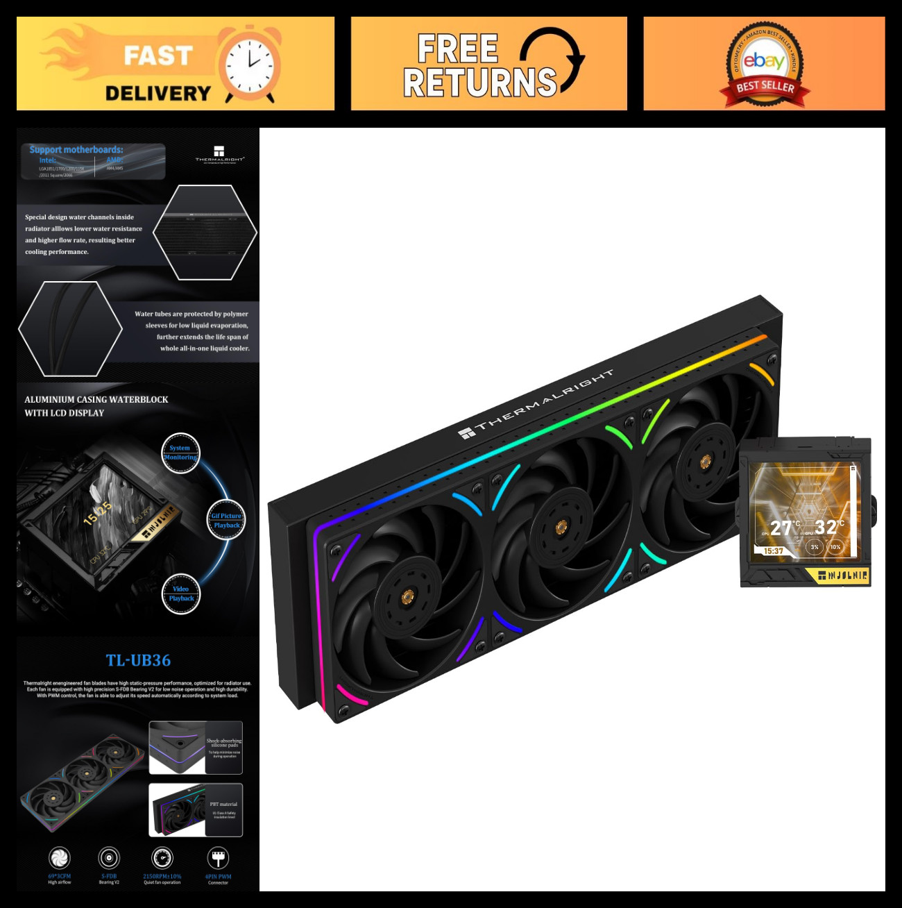 High-Performance 360mm ARGB CPU AIO Cooler, 3.5" LCD Screen, AM4/AM5 & Intel Com