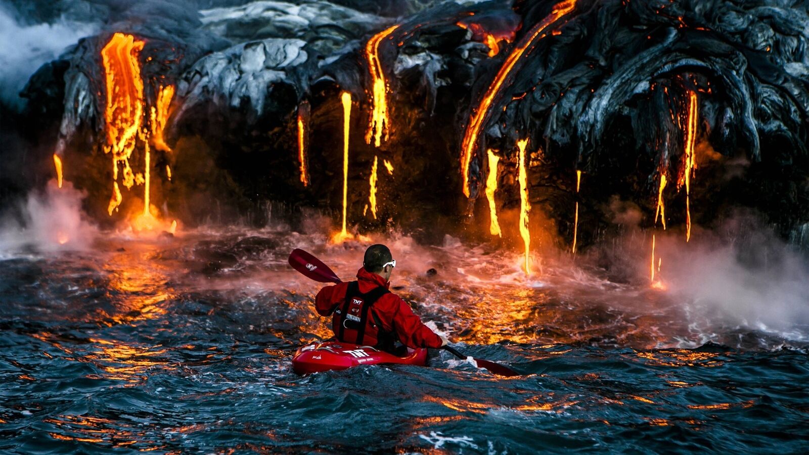 Landscape lava sport nature volcano smoke men kayaks Custom Gaming Mat Desk