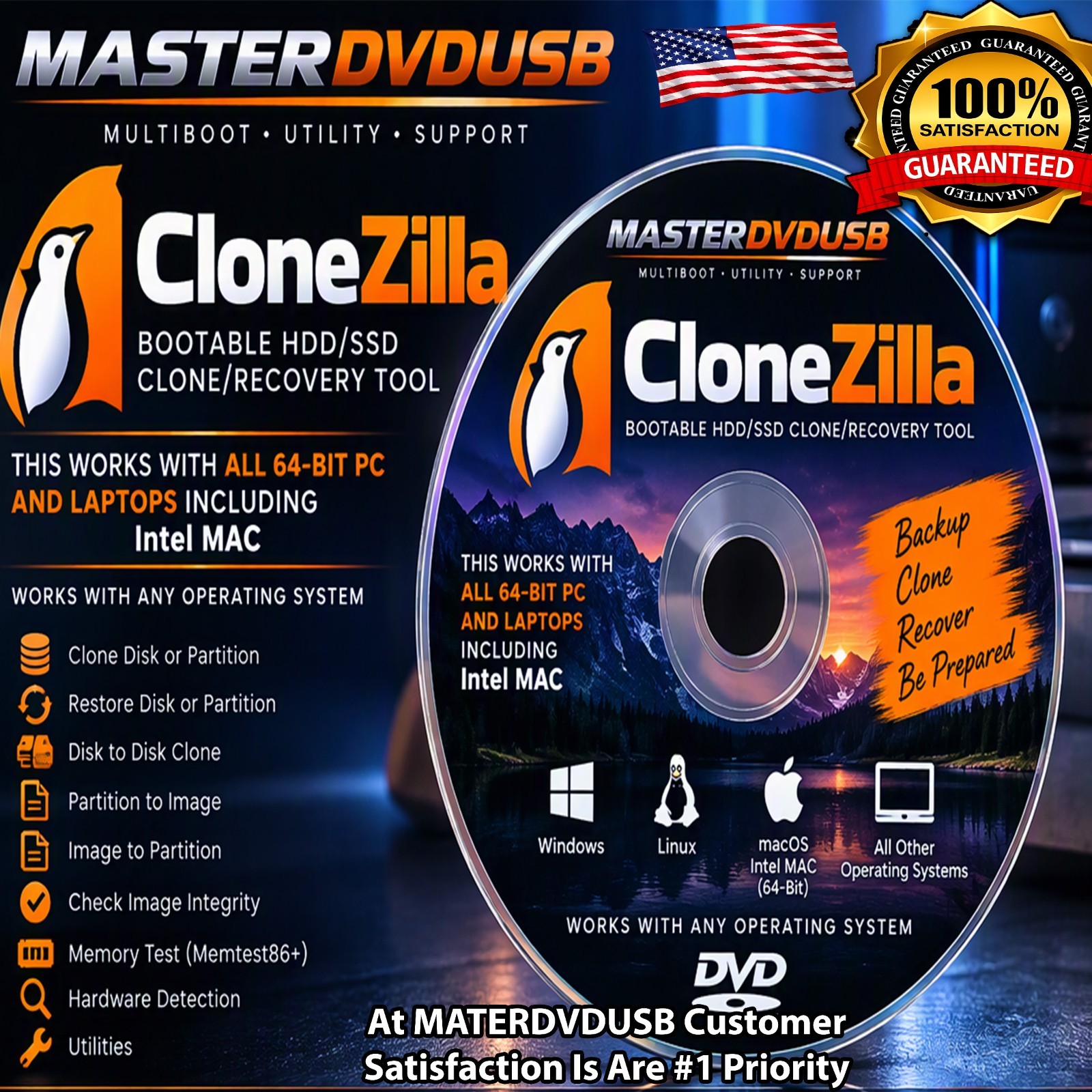Clonezilla Bootable HDD/SSD Clone & Recovery Tool DVD Windows Mac Linux