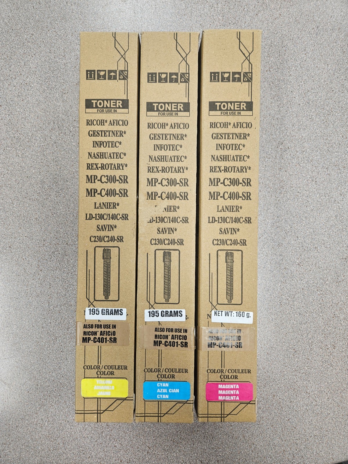 Genuine Ricoh Toner Set Yellow, Cyan, Magenta MPC300SR, MPC400SR, MPC401SR