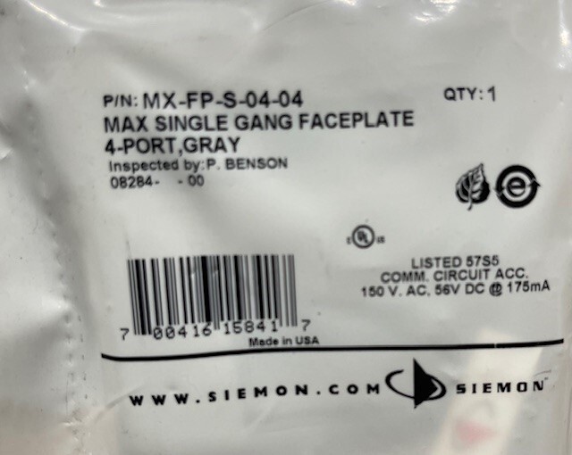 Siemon Mx-FP-S-04-04  MAX SINGLE GANG FACEPLATE 4 PORT GRAY *LOT OF 12