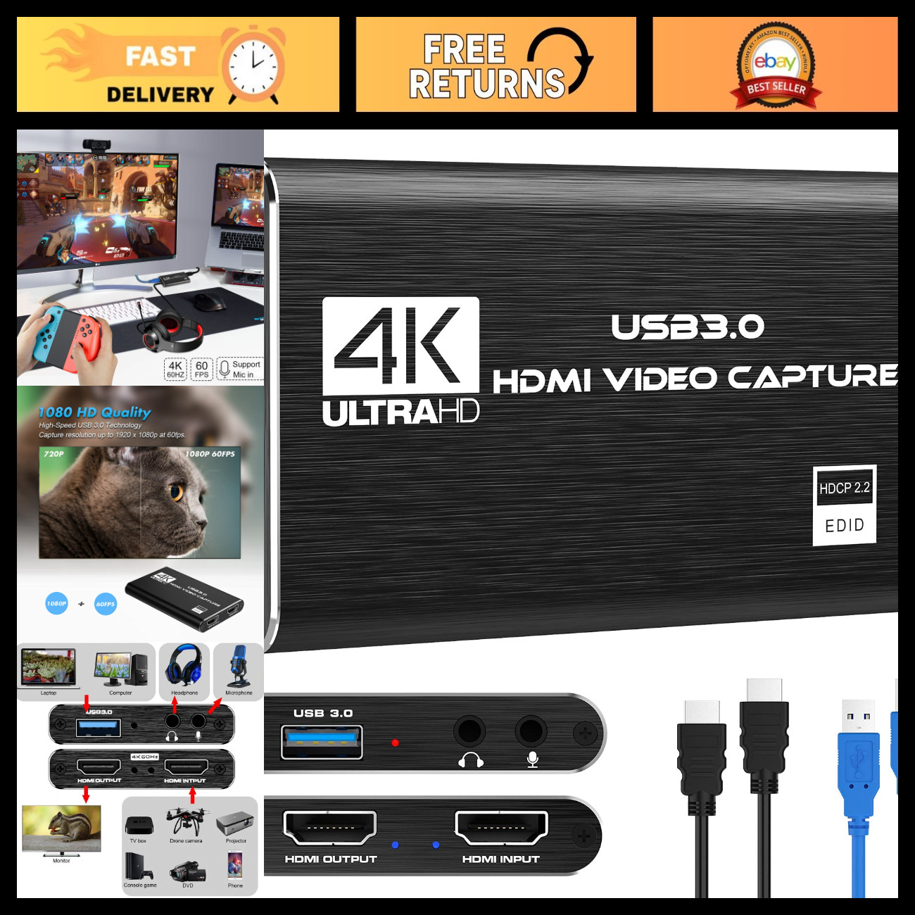 4K HDMI Video Capture Card, 1080P 60FPS Game Capture Device for Streaming, USB 3