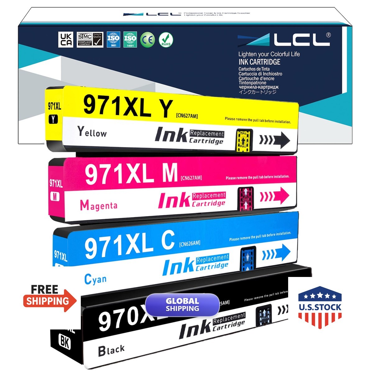LCL 970XL 971XL Ink Cartridges 4-Pack for HP Officejet Pro X451DN X476DN MFP