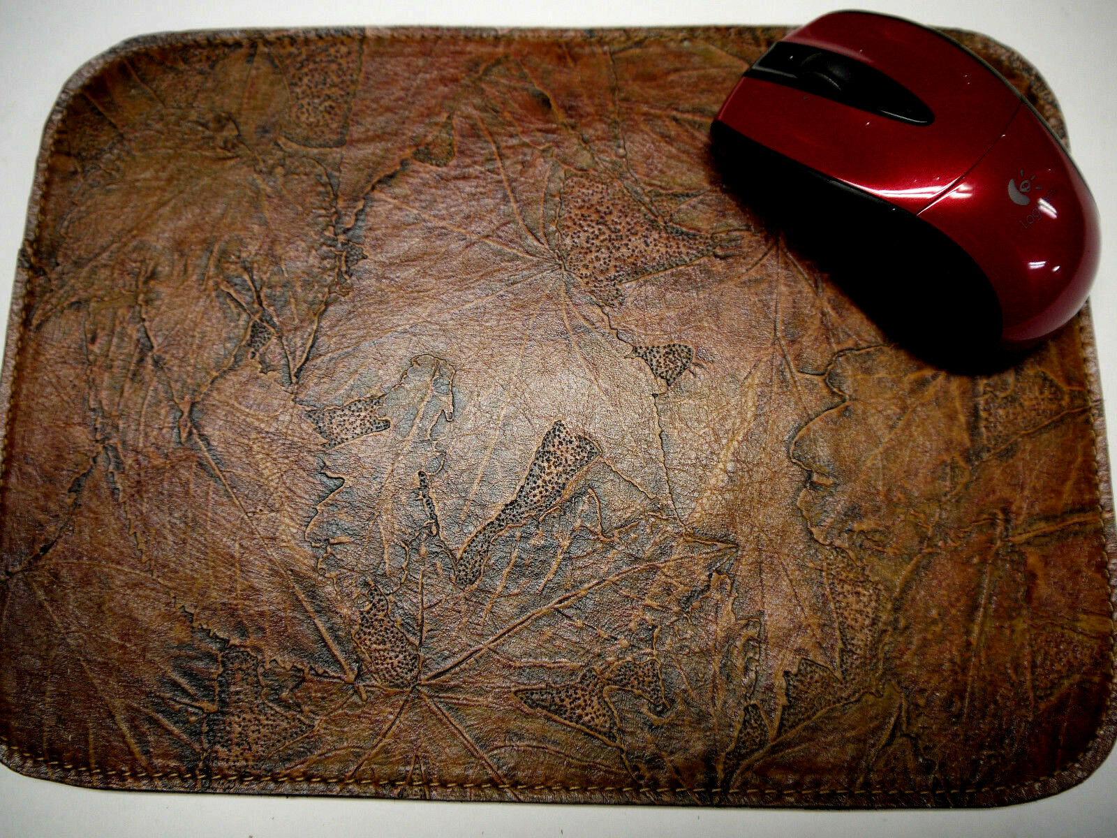 Leather Mouse Pad Floral Unique Design Made in USA Dark Tan
