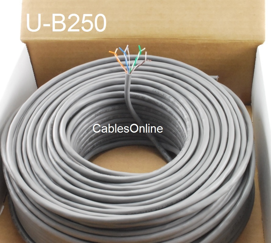 250ft Cat5e 350MHz UTP 24AWG solid pure copper, Riser Rated CMR Bulk Cable, Gray