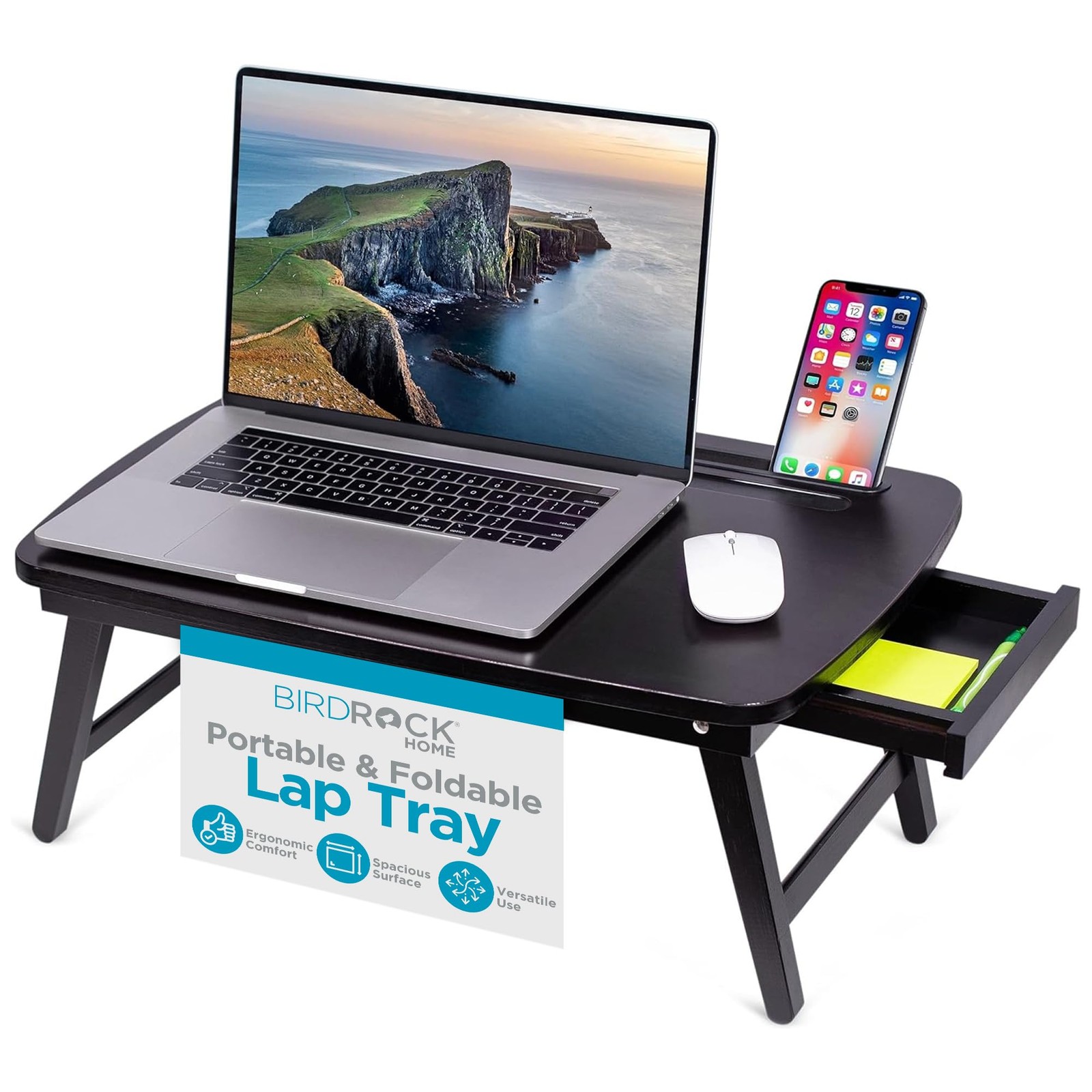 Bamboo Wood Lap Tray with Foldout Legs, Storage Drawer, Fits Laptops Up to 17...