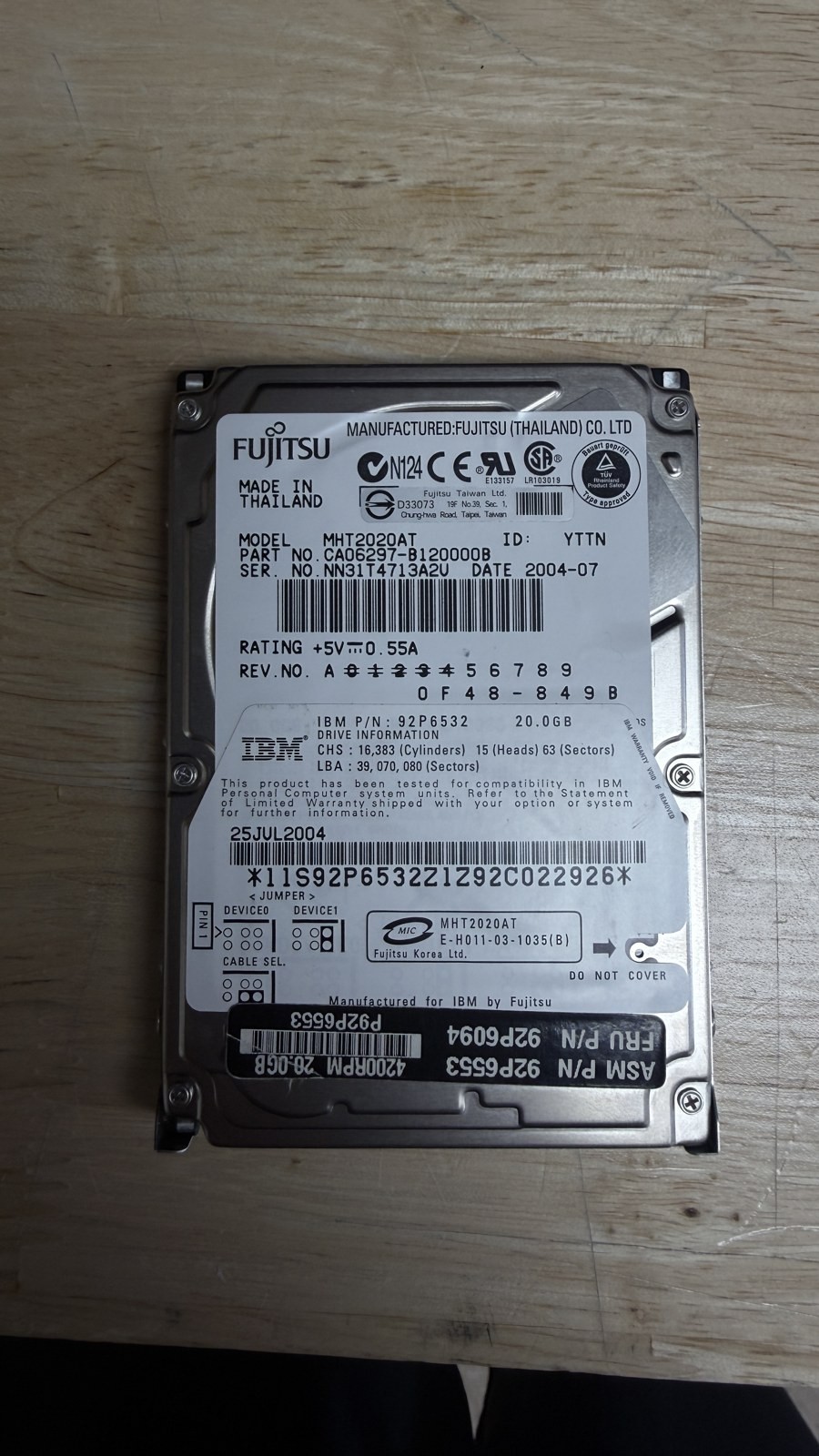 Fujitsu MHT2020AT 20GB 2.5" IDE PATA Laptop Hard Drive - IBM ThinkPad - UNTESTED