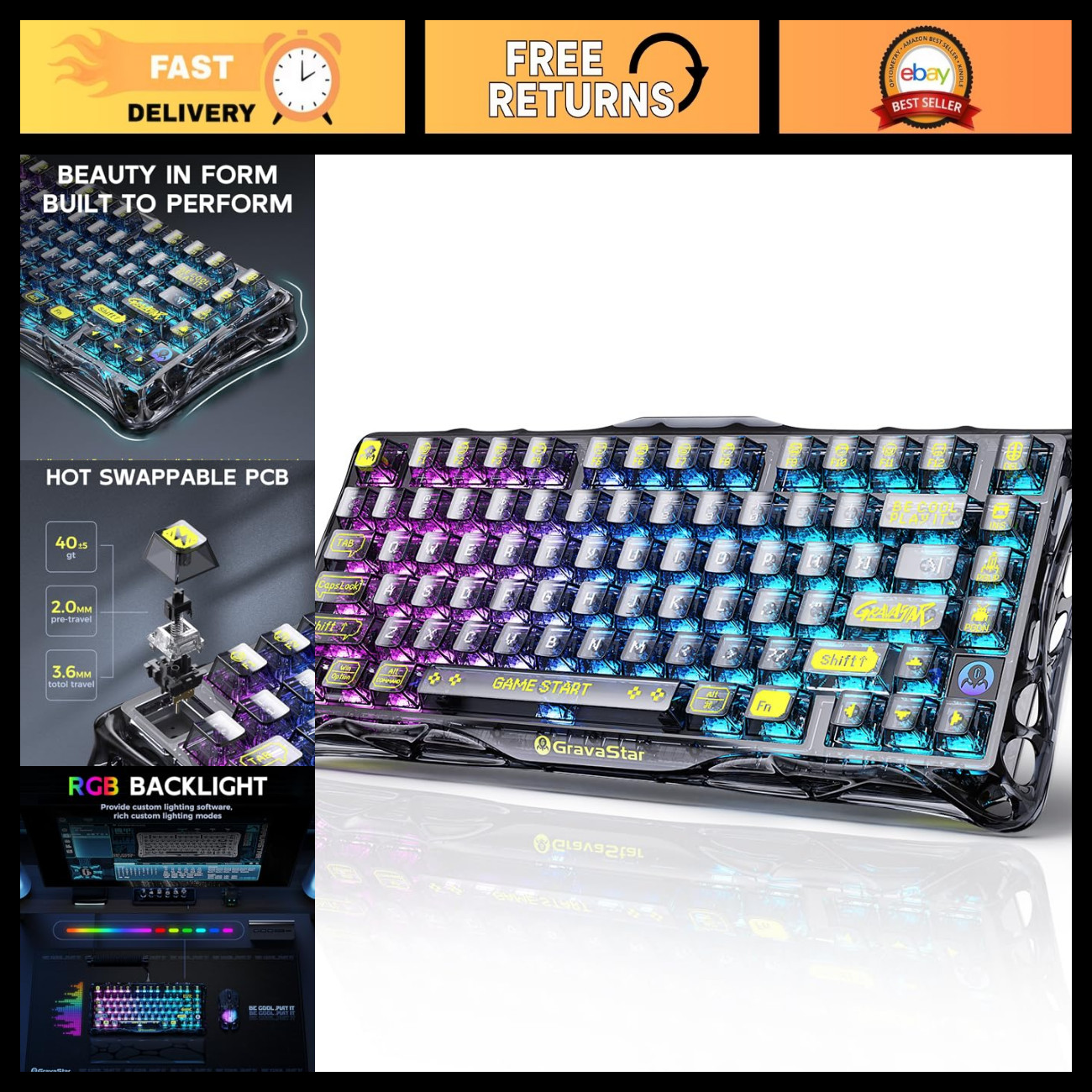 Wireless Mechanical Gaming Keyboard, RGB Backlit, Compact 75% Layout, Gaming Gea
