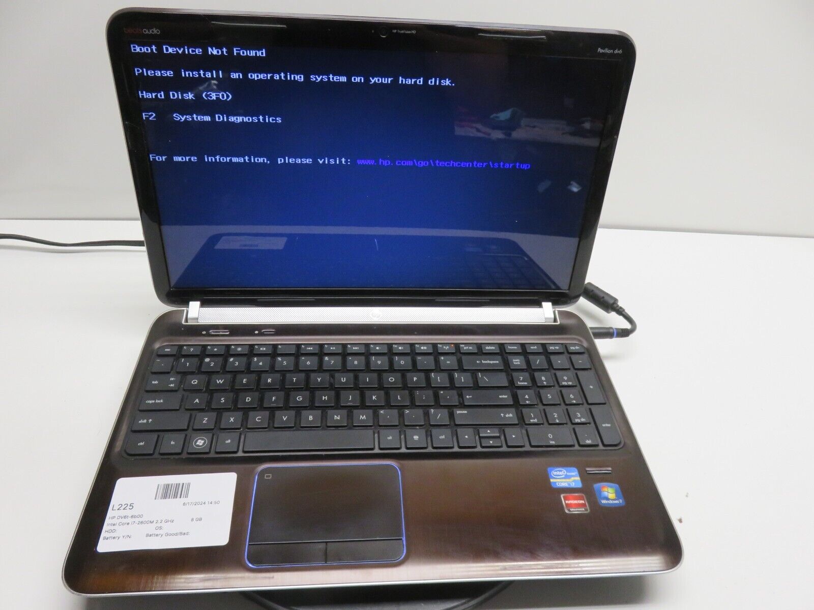 HP Pavilion dv6t-6b00 Laptop Intel Core i7-2600M 8GB Ram No HDD or Battery