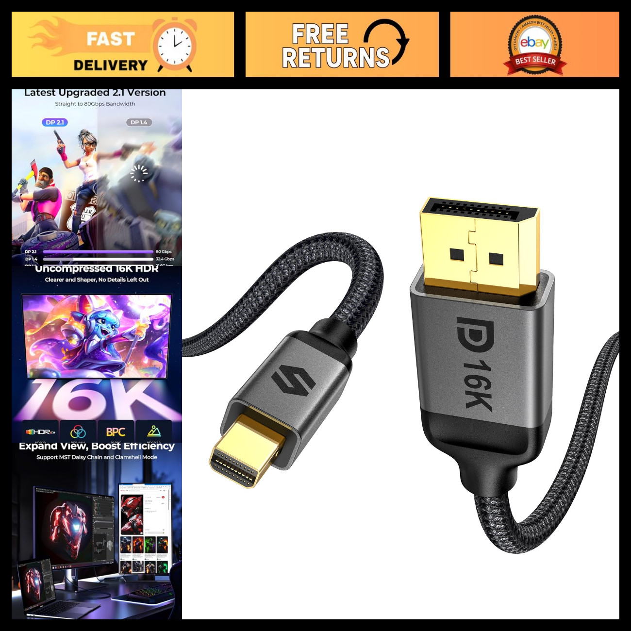 16K Mini DisplayPort to DisplayPort 2.1 Cable, 10FT, 60Hz High-Speed Video Cable