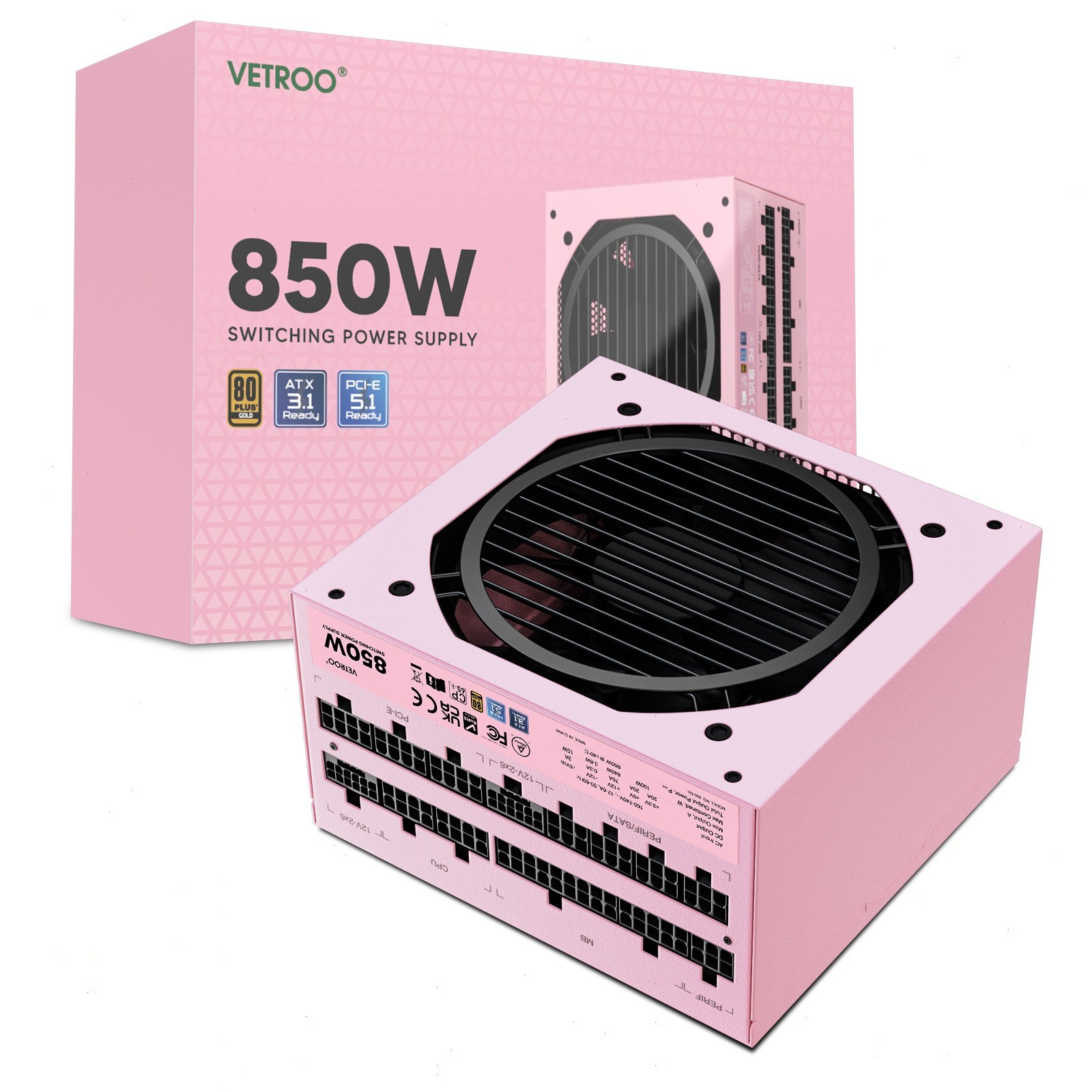 Vetroo 850W Full Modulal Power Supply PCIe 5.1 & ATX 3.1, 80 Plus Gold - Pink
