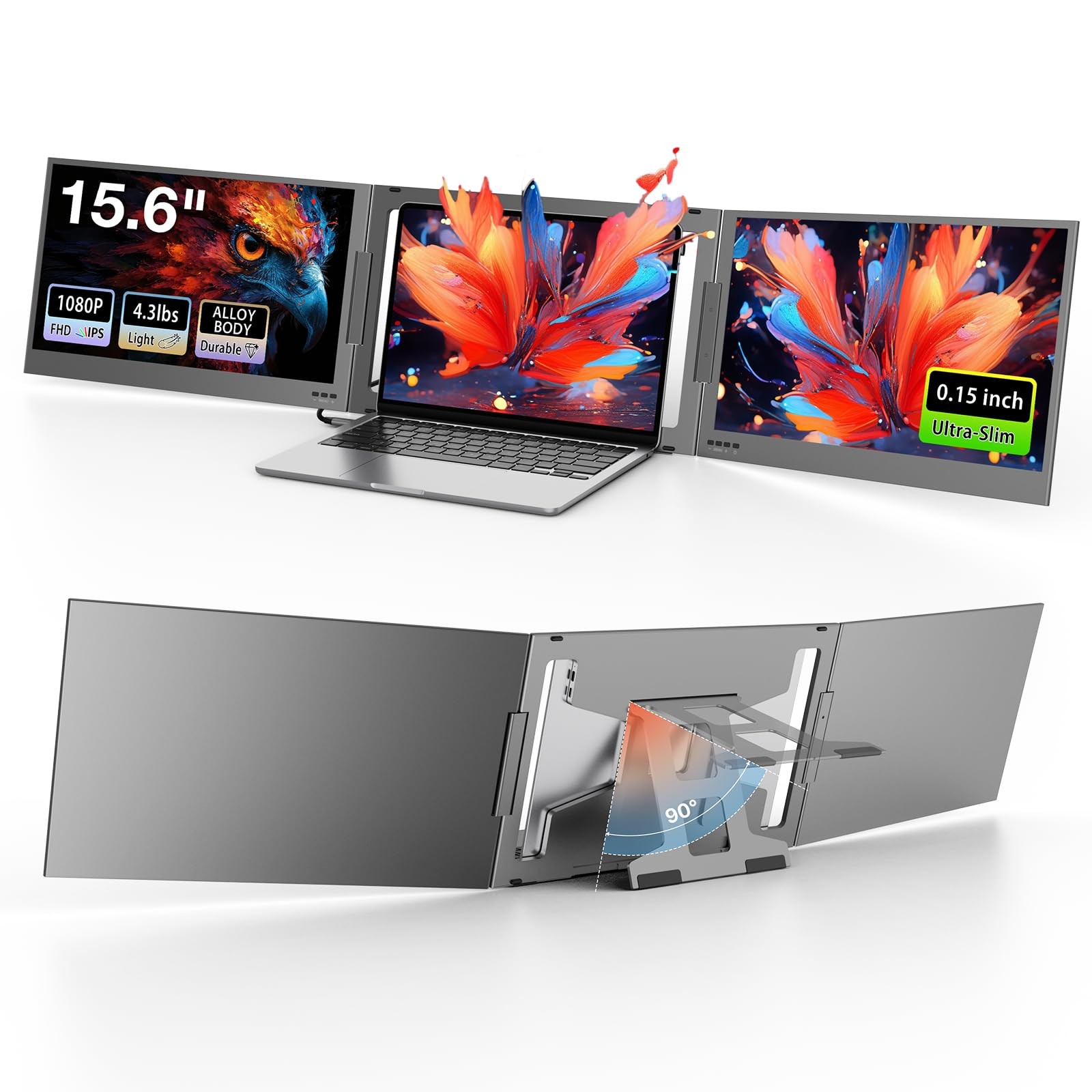 QQH 15.6" Laptop Screen Extender, Ultra-Slim Triple Portable 15.6inch, Black