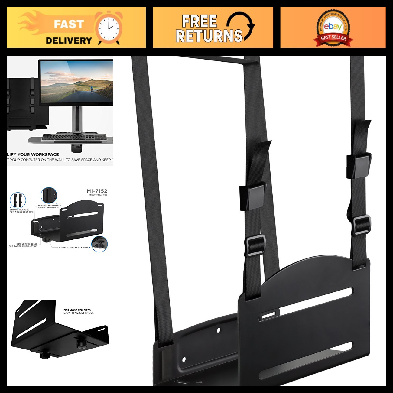 Under Desk & Wall Mount PC Holder - Steel Computer Tower Stand, Space-Saving Des