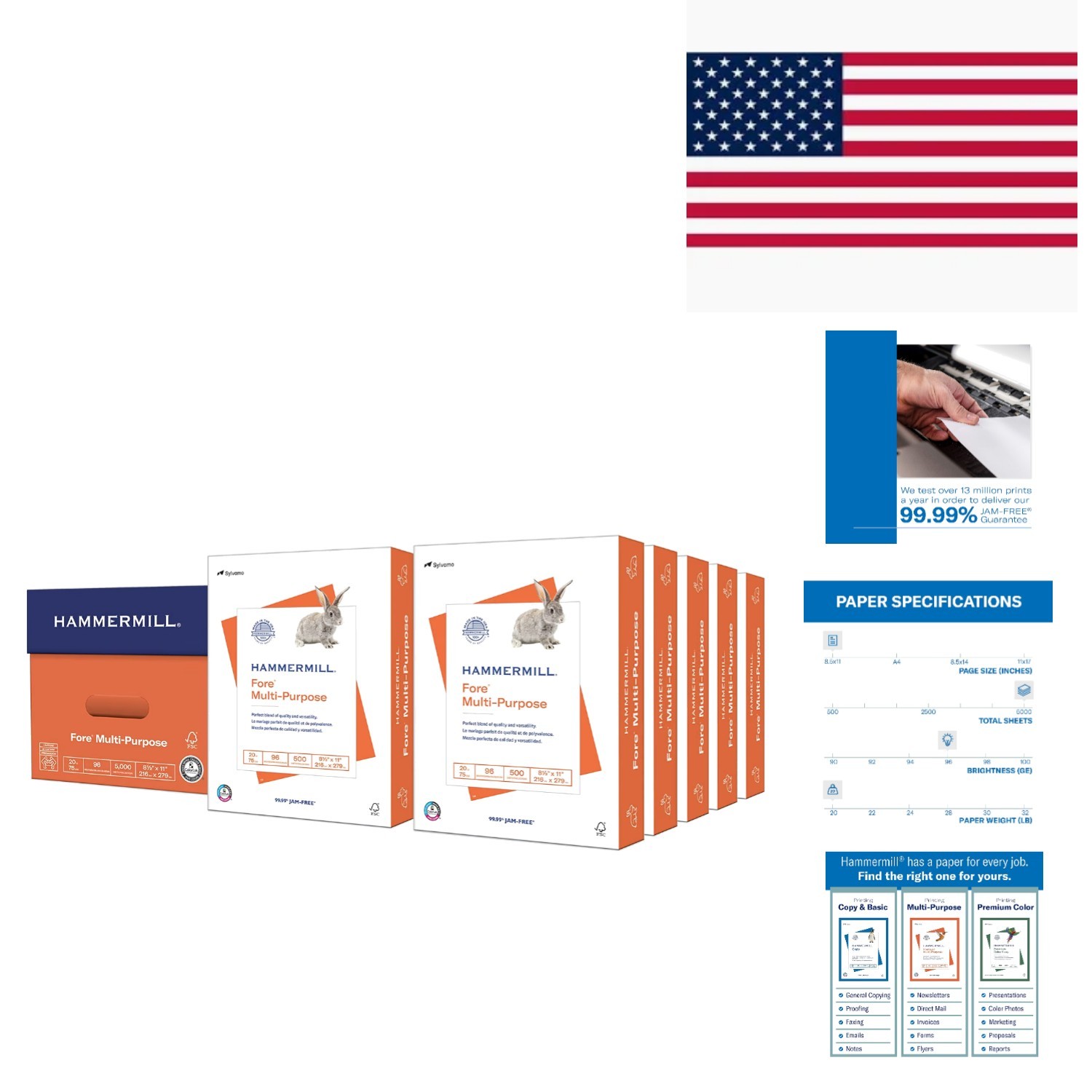 Sustainable 20 lb Multipurpose Copy Paper - 5000 Sheets, Smooth Finish, USA Made