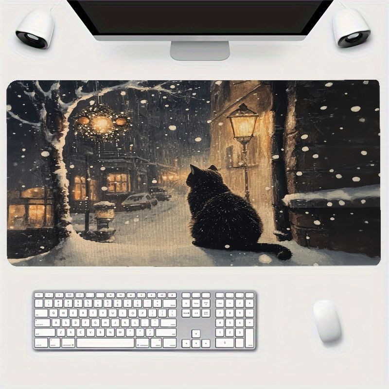 Winter-Themed Mouse Pad Featuring a Cozy Night Scene with a Black Cat And Stre