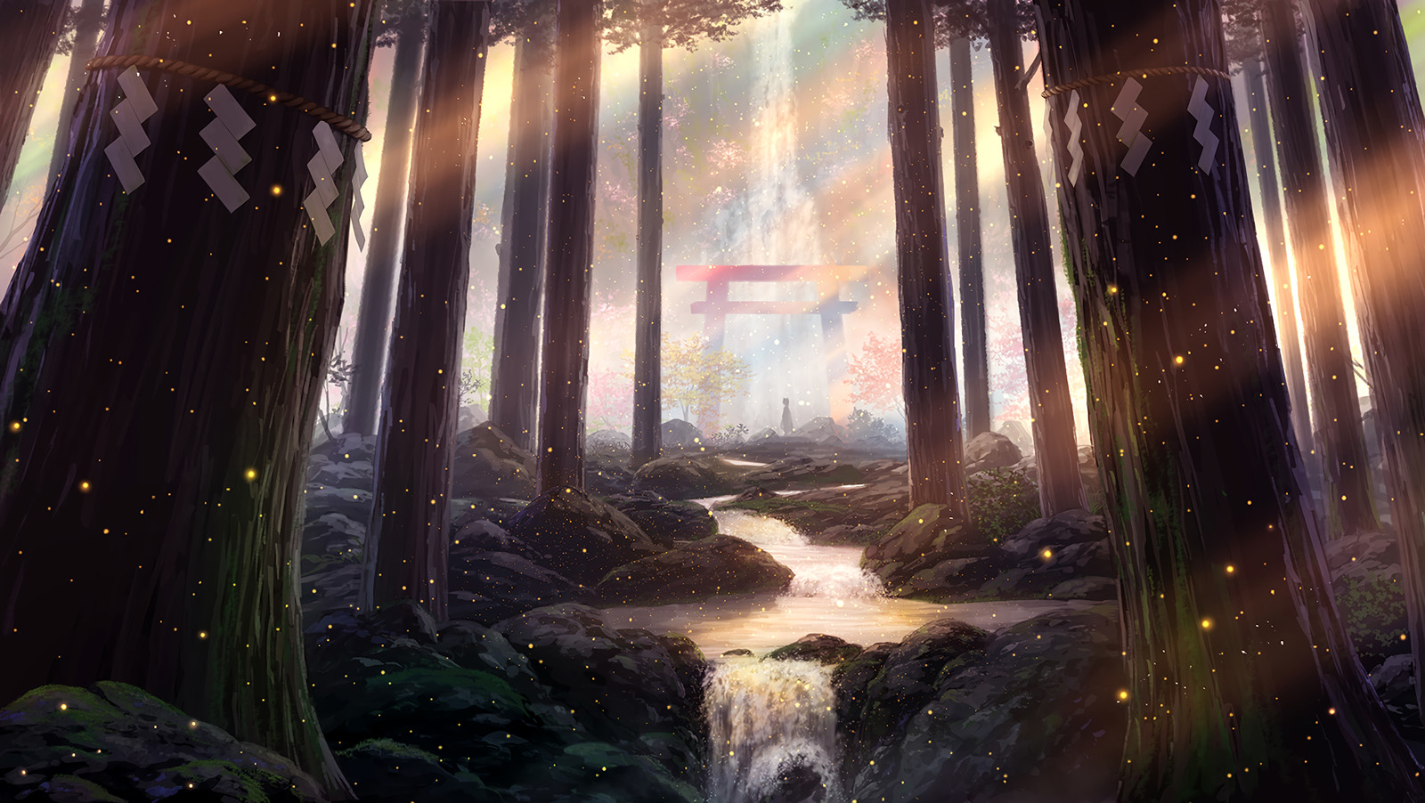 Landscape  art forest trees shrine sunset fantasy torii Custom Gaming Mat Desk